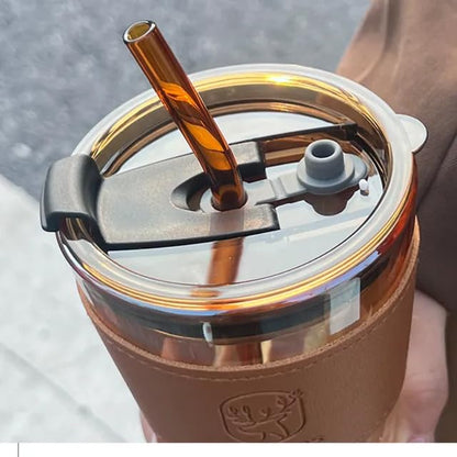 Glass Tumbler with Glass Straw and Lid