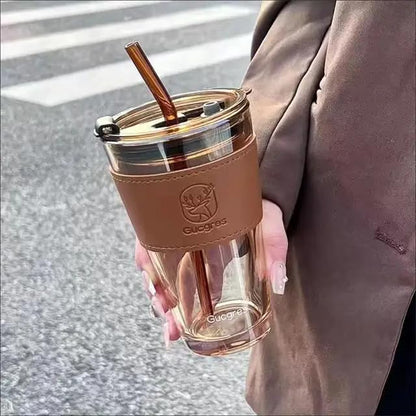 Glass Tumbler with Glass Straw and Lid