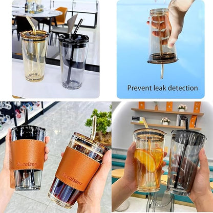 Glass Tumbler with Glass Straw and Lid